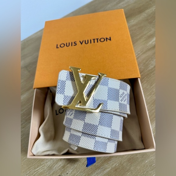 SOLD somewhere else* Louis Vuitton White Damier Azur LV Belt with Gold Buckle - Picture 4 of 5